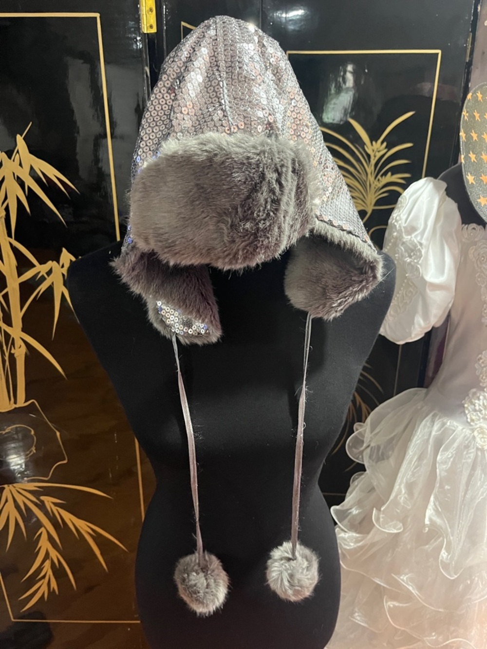 Candie's Silver Sequin Faux Fur Trap-Ear Hat with Pom Ties